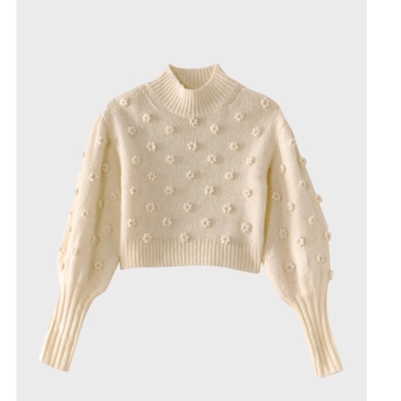 NWT $225 FARM Rio Embellished Flowers Balloon Sleeve Mock Neck Sweater!